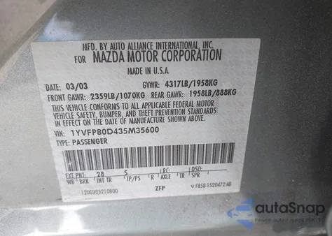 2003 Mazda Mazda6 S из США, поврежденный, VIN 1YVFP80D435M35600